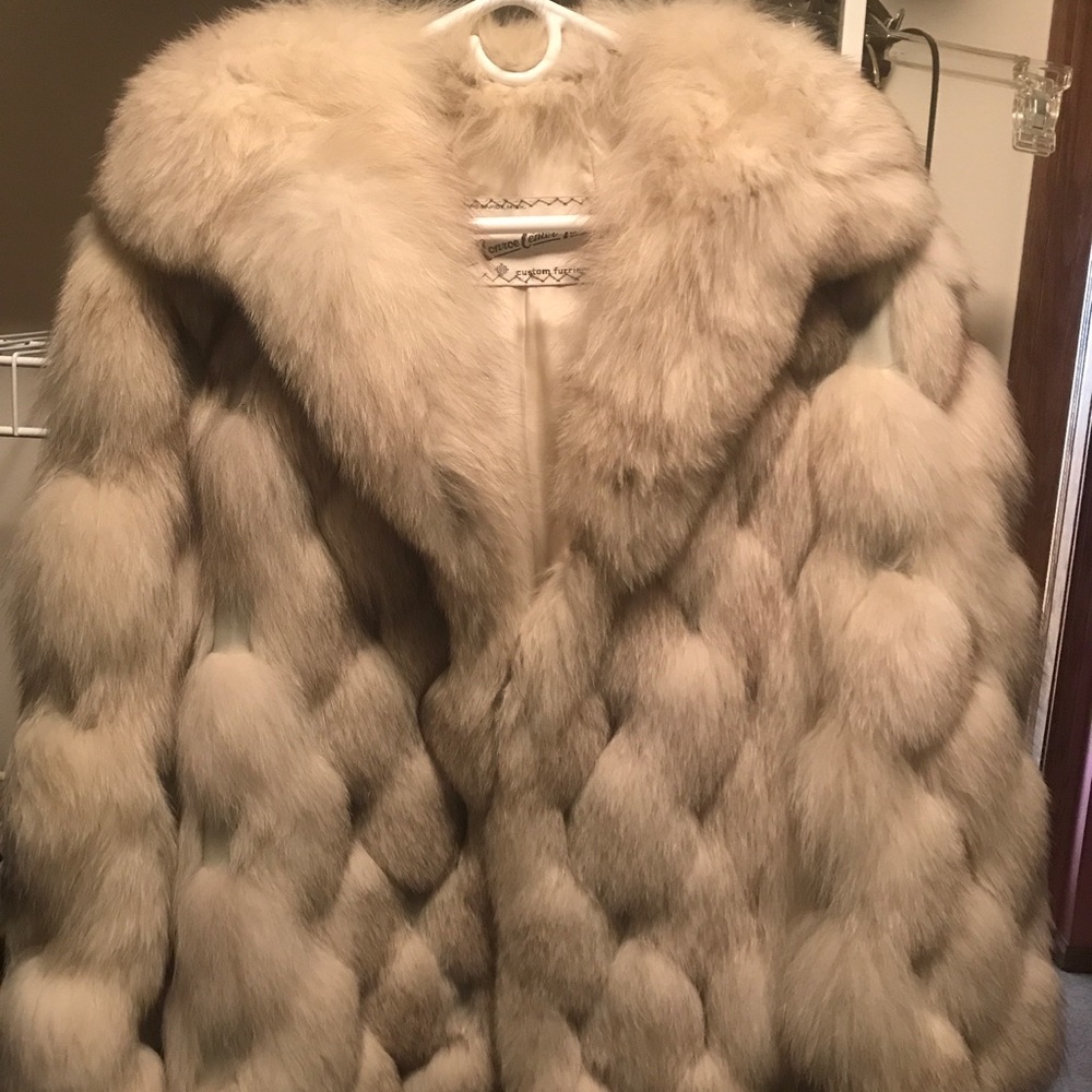Authentic grey fox fur and leather coat